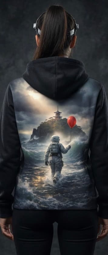 Astronaut sherpa hoodie — back print: spacesuited figure walking toward a pagoda island, red balloon in hand